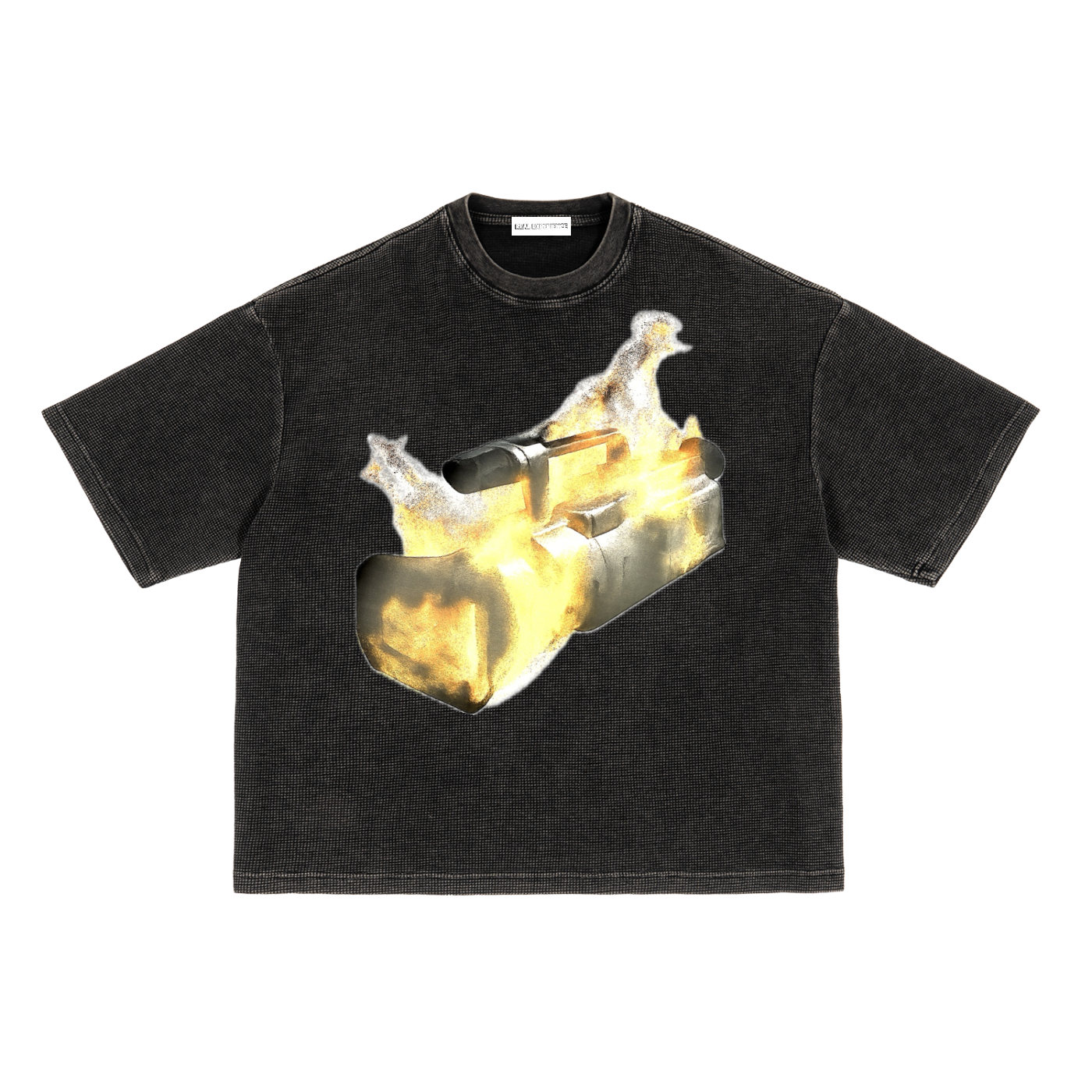 Burning Camera Tee by Real Experience featuring a flaming vintage camera graphic on a textured black t-shirt.