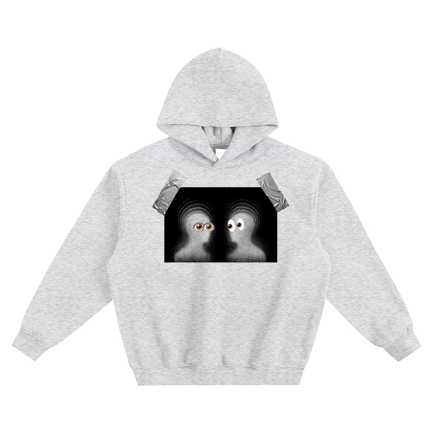 Two abstract ghost-like figures with large expressive eyes facing each other on a black background, printed on a light gray hoodie with a duct-tape border at the top corners of the image.